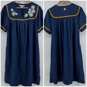 Go Softly Patio Denim Snap Dress Mumu Women Med Floral Embroidered Cottage Core